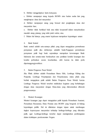 254
b. Debitor menggelapkan harta kekayaan;
c. Debitor mempunyai utang kepada BUMN atau badan usaha lain yang
menghimpun dana dari masyarakat
d. Debitor mempunyai utang yang berasal dari penghimpun dana dari
masyarakat luas;
e. Debitor tidak beritikad baik atau tidak kooperatif dalam menyelesaikan
masalah utang piutang yang telah jatuh waktu; atau
f. Dalam hal lainnya yang enurut kejaksaan merupakan kepentingan umum
4. Bank Sentral
Bank sentral adalah satu-satunya pihak yang dapat mengajukan permohonan
pernyataan pailit jika debitornya adalahh bank.Pengajuan permohonan
pernyataan pailit bagi bank sepenuhnya merupakan kewenangan Bank
Indonesia dan semata-mata berdasarkan atas penilaian kondisi keuangan dan
kondisi perbankan secara keseluruhan, oleh karena itu tidak perlu
dipertanggungjawabkan.
5. Badan Pengawas Pasar Modal
Jika Pihak debitor adalah Perusahaan Bursa Efek, Lembaga Kliring dan
Penjamin, Lembaga Penyimpanan dan Penyelesaiaan, maka pihak yang
berhak mengajukan pailit adalah Badan Pengawas Pasar Modal, karena
Lembaga Pengawas Modal tersebut melakukan kegiatan yang berhubungan
dengan dana masyarakat dengan Dana-dana yang diinvestasikan dibawah
pengawasannya.
6. Menteri Keuangan
Menteri keuangan juga dapat mengajukan pailit kepada Perusahaan Asuransi,
Perusahaan Reasuransi, Dana Pensiun atau BUMN yang bergerak di bidang
kepentingan publik. Hal ini dilakukan dengan tujuan untuk membangun
tingkat kepercayaan masyarakat terhadap lembaga-lembaga yang dikenaka
pailit, agar Lembaga-lembaga tersebut dapat meningkatkan pembangunan
dalam kehidupan perekonomian Negara
 
