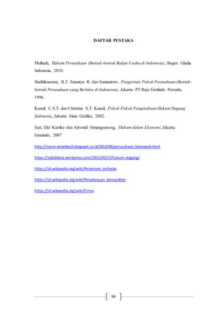 66
DAFTAR PUSTAKA
Mulhadi, Hukum Perusahaan (Bentuk-bentuk Badan Usaha di Indonesia), Bogor: Ghalia
Indonesia, 2010.
Hadhikusuma, R.T. Sutantya R. dan Sumantoro, Pengertian Pokok Perusahaan (Bentuk-
bentuk Perusahaan yang Berlaku di Indonesia), Jakarta: PT Raja Grafindo Persada,
1996.
Kansil, C.S.T. dan Christine S.T. Kansil, Pokok-Pokok Pengetahuan Hukum Dagang
Indonesia, Jakarta: Sinar Grafika, 2002.
Sari, Elsi Kartika dan Advendi Simangunsong, Hukum dalam Ekonomi, Jakarta:
Grasindo, 2007
http://novie-smwtkecil.blogspot.co.id/2013/06/perusahaan-kelompok.html
https://odebhora.wordpress.com/2011/05/17/hukum-dagang/
https://id.wikipedia.org/wiki/Perseroan_terbatas
https://id.wikipedia.org/wiki/Persekutuan_komanditer
https://id.wikipedia.org/wiki/Firma
 