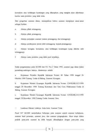 74
kerusakan atau kehilangan keuntungan yang diharapkan, yang mungkin akan dideritanya
karena suatu peristiwa yang tidak tentu.
Dari pengertian asuransi diatas, menunjukkan bahwa asuransi mempunyai unsur-unsur
sebagai berikut:
a. Adanya pihak tertanggung.
b. Adanya pihak penanggung.
c. Adanya perjanjian asuransi (antara penanggung dan tertanggung).
d. Adanya pembayaran premi (oleh tertanggung kepada penanggung).
e. Adanya kerugian, kerusakan, atau kehilangan keuntungan (yang diderita oleh
tertanggung).
f. Adanya suatu peristiwa yang tidak pasti terjadinya.
Selain pengaturannya pada KUHD dan UU No.2 Tahun 1992, asuransi juga diatur dalam
perundang-undangan lainnya, diantaranya adalah:
a. Keputusan Presiden Republik Indonesia Nomor 40 Tahun 1998 tanggal 26
Oktober 1988 Tentang Usaha di Bidang Asuransi Kerugian.
b. Keputusan Menteri Keuangan Republik Indonesia Nomor 1249/KMK.013/1998
tanggal 20 Desember 1988 Tentang Ketentuan dan Tata Cara Pelaksanaan Usaha di
Bidang Asuransi Kerugian.
c. Keputusan Menteri Keuangan Republik Indonesia Nomor 1250/KMK.013/1998
tanggal 20 Desember 1988 Tentang Usaha Asuransi Jiwa.
Landasan Hukum Lahirnya Jenis-Jenis Asuransi Varia
Pasal 247 KUHD menyebutkan beberapa jenis asuransi seperti asuransi kebakaran,
asuransi hasil pertanian, asuransi jiwa, dan asuransi pengangkutan. Akan tetapi dalam
praktik jenis-jenis asuransi itu lebih banyak dibandingkan dengan jenis-jenis yang
 