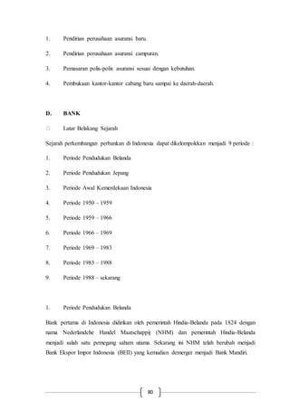 80
1. Pendirian perusahaan asuransi baru.
2. Pendirian perusahaan asuransi campuran.
3. Pemasaran polis-polis asuransi sesuai dengan kebutuhan.
4. Pembukaan kantor-kantor cabang baru sampai ke daerah-daerah.
D. BANK
Latar Belakang Sejarah
Sejarah perkembangan perbankan di Indonesia dapat dikelompokkan menjadi 9 periode :
1. Periode Pendudukan Belanda
2. Periode Pendudukan Jepang
3. Periode Awal Kemerdekaan Indonesia
4. Periode 1950 – 1959
5. Periode 1959 – 1966
6. Periode 1966 – 1969
7. Periode 1969 – 1983
8. Periode 1983 – 1988
9. Periode 1988 – sekarang
1. Periode Pendudukan Belanda
Bank pertama di Indonesia didirikan oleh pemerintah Hindia-Belanda pada 1824 dengan
nama Nederlandche Handel Maatschappij (NHM) dan pemerintah Hindia-Belanda
menjadi salah satu pemegang saham utama. Sekarang ini NHM telah berubah menjadi
Bank Ekspor Impor Indonesia (BEII) yang kemudian demerger menjadi Bank Mandiri.
 