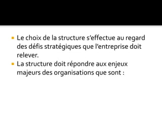  Le choix de la structure s’effectue au regard
des défis stratégiques que l’entreprise doit
relever.
 La structure doit répondre aux enjeux
majeurs des organisations que sont :
 