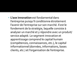  L’axe innovation est fondamental dans
l’entreprise puisqu’il conditionne étroitement
l’avenir de l’entreprise sur son marché. Il est le
fondement de la stratégie, laquelle consiste à
analyser un marché et y répondre avec un produit/
service adapté. Le segment innovation et
apprentissage comprend le capital humain
(compétences, connaissances, etc.), le capital
informationnel (données, informations, bases
clients, etc.) et l’organisation de l’entreprise.
 