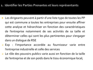  Les dirigeants peuvent à partir d’une liste type de toutes les PP
qui est commune a toutes les entreprises pour ensuite affiner
cette analyse et hiérarchiser en fonction des caractéristiques
de l’entreprise notamment de ses activités de sa taille et
déterminer celles qui sont les plus pertinentes pour s’engager
dans un dialogue de RSE
 Exp : l’importance accordée au fournisseur varie entre
l’entreprise industrielle et celle des services
 Le rôle des pouvoirs publics varie aussi en fonction de la taille
de l’entreprise et de son poids dans le tissu économique local;
 