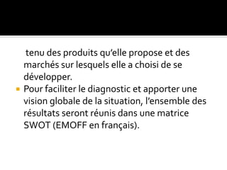 tenu des produits qu’elle propose et des
marchés sur lesquels elle a choisi de se
développer.
 Pour faciliter le diagnostic et apporter une
vision globale de la situation, l’ensemble des
résultats seront réunis dans une matrice
SWOT (EMOFF en français).
 