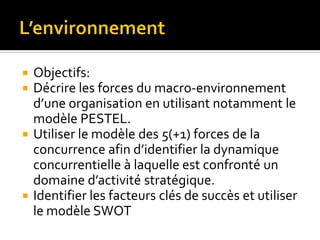  Objectifs:
 Décrire les forces du macro-environnement
d’une organisation en utilisant notamment le
modèle PESTEL.
 Utiliser le modèle des 5(+1) forces de la
concurrence afin d’identifier la dynamique
concurrentielle à laquelle est confronté un
domaine d’activité stratégique.
 Identifier les facteurs clés de succès et utiliser
le modèle SWOT
 
