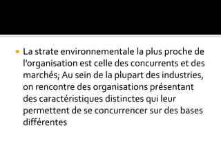  La strate environnementale la plus proche de
l’organisation est celle des concurrents et des
marchés; Au sein de la plupart des industries,
on rencontre des organisations présentant
des caractéristiques distinctes qui leur
permettent de se concurrencer sur des bases
différentes
 