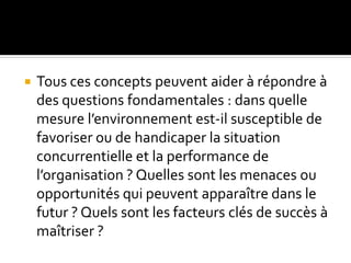  Tous ces concepts peuvent aider à répondre à
des questions fondamentales : dans quelle
mesure l’environnement est-il susceptible de
favoriser ou de handicaper la situation
concurrentielle et la performance de
l’organisation ? Quelles sont les menaces ou
opportunités qui peuvent apparaître dans le
futur ? Quels sont les facteurs clés de succès à
maîtriser ?
 