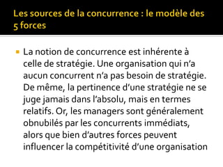  Le modèle des 5 forces de la concurrence ,
défini par Michael Porter , consiste à
identifier les fondements de la concur...