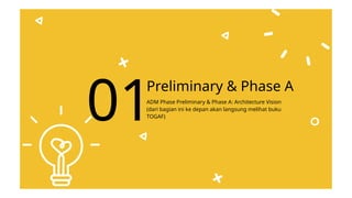 Preliminary & Phase A
ADM Phase Preliminary & Phase A: Architecture Vision
(dari bagian ini ke depan akan langsung melihat buku
TOGAF)
01
 