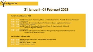 Agenda
31 Januari - 01 Februari 2023
Hari 1, Selasa 31 Januari 2022
08:30 - 10:00 Sesi 1: Introduction, Preliminary, Phase A: Architecture Vision & Phase B: Business Architecture
10:00 - 10:15 Coffee Break
10:15 - 11:45 Sesi 2: Phase C: Information System Architectures: Data & Application Architecture
11:45 - 13:00 Istirahat, Sholat & Makan
13:00 - 14:30 Sesi 3: Phase D: Technology Architecture, Phase E: Opportunities & Solution &
Phase F: Migration Planning
14:30 - 14:45 Coffee Break
14:45 - 16:15 Sesi 4: Phase G&H (Governance, Change Management); Requirements Management &
Introduction to ADM Techniques
Hari 2, Rabu 1 Februari 2022
08:30 - 10:00 Sesi 5: Architecture Content, EA Capability & Governance
10:00 - 10:15 Coffee Break
10:15 - 11:45 Sesi 6: EA, Agile & Digital
11:45 - 12:00 Closing, Sholat & Makan
 