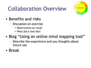 Collaboration Overview Benefits and risks Discussion on exercise Observations on result What did it feel like? Blog “Using an online mind mapping tool” Describe the experience and you thoughts about future use Break 