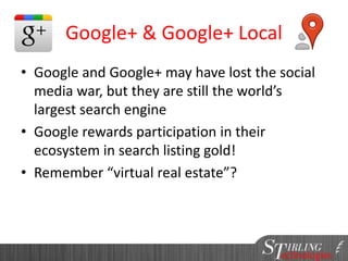 Google+ & Google+ Local
• Google and Google+ may have lost the social
media war, but they are still the world’s
largest search engine
• Google rewards participation in their
ecosystem in search listing gold!
• Remember “virtual real estate”?
 