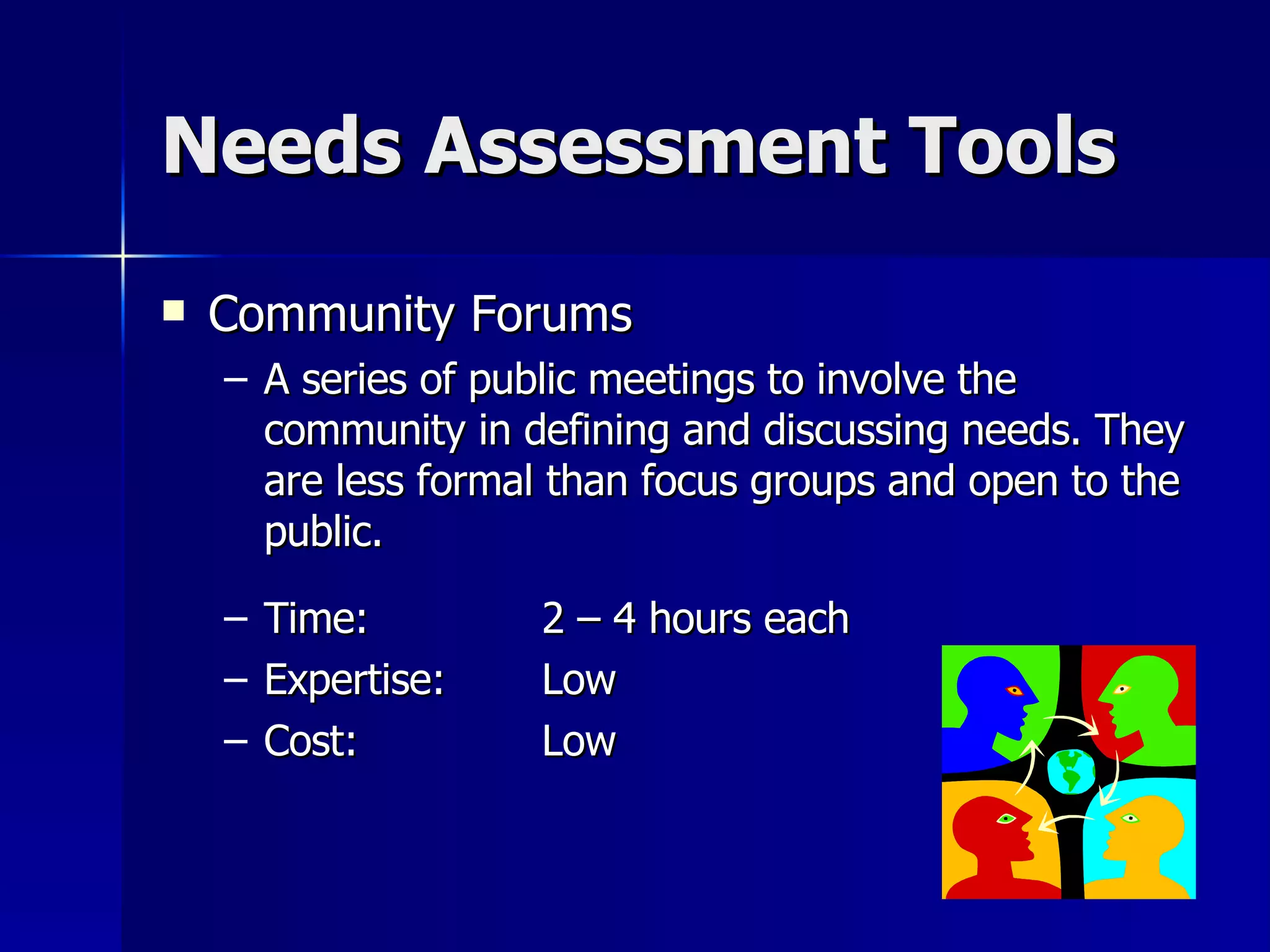 Needs Assessment Tools Community Forums A series of public meetings to involve the community in defining and discussing needs. They are less formal than focus groups and open to the public. Time:  2 – 4 hours each Expertise: Low Cost: Low 