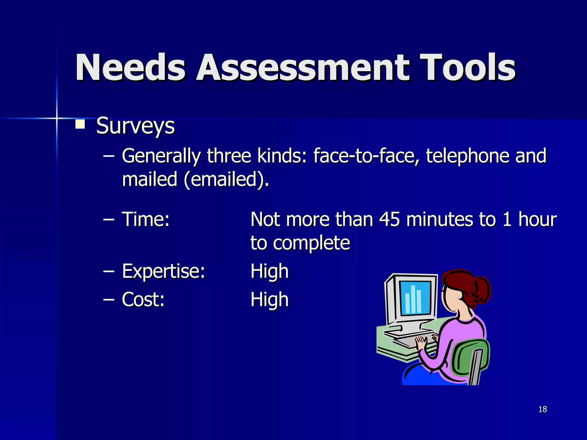 Needs Assessment Tools Surveys Generally three kinds: face-to-face, telephone and mailed (emailed).  Time:  Not more than 45 minutes to 1 hour  to complete Expertise: High Cost: High 