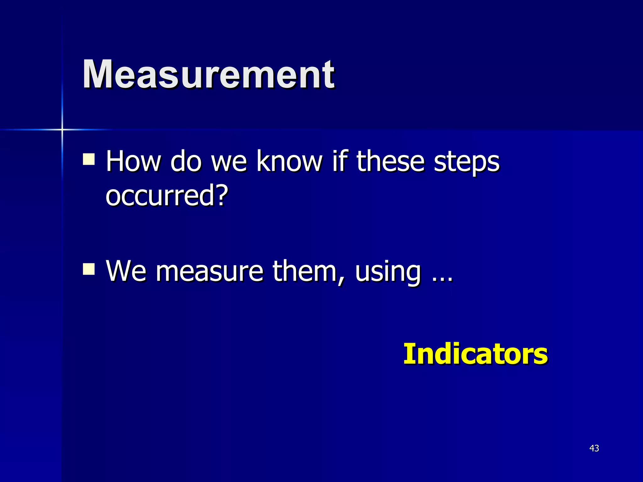 Measurement How do we know if these steps occurred? We measure them, using … Indicators   
