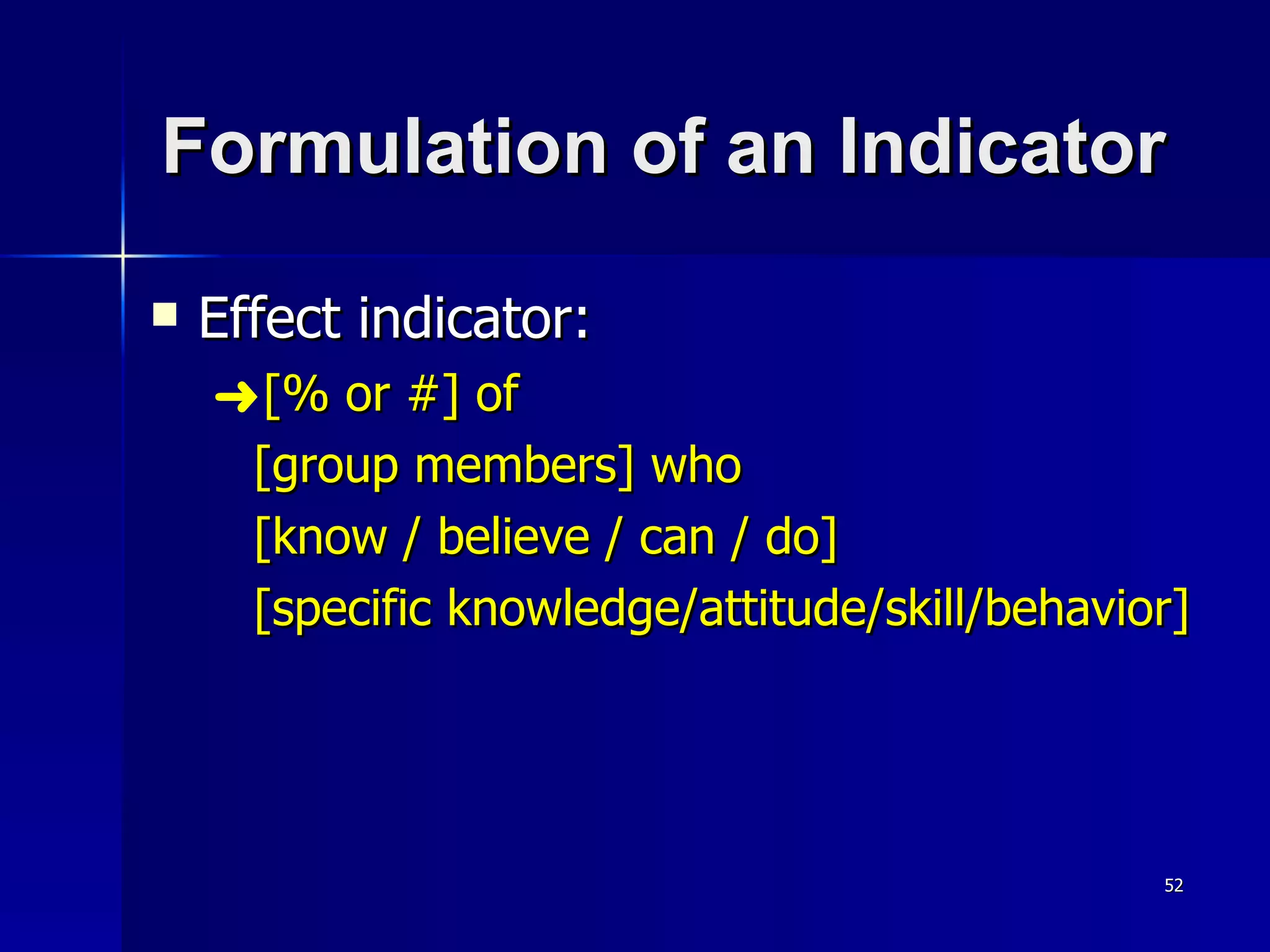 Formulation of an Indicator Effect indicator: [% or #] of  [group members] who [know / believe / can / do] [specific knowledge/attitude/skill/behavior] 
