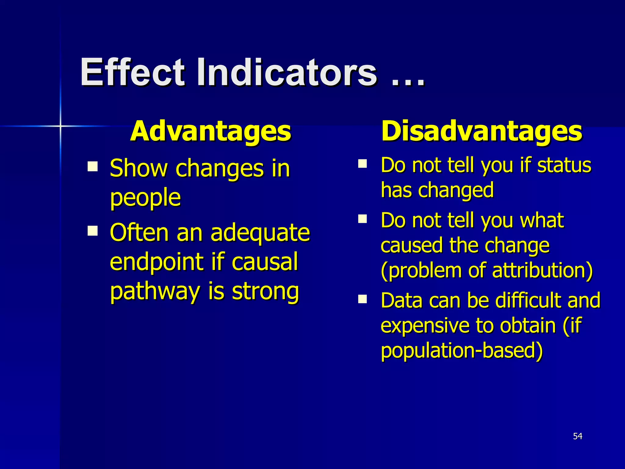 Effect Indicators …   Advantages Show changes in people Often an adequate endpoint if causal pathway is strong Disadvantages Do not tell you if status has changed Do not tell you what caused the change (problem of attribution) Data can be difficult and expensive to obtain (if population-based) 