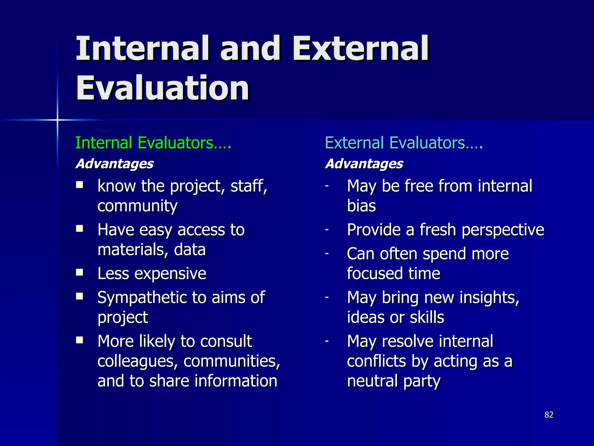Internal and External Evaluation Internal Evaluators…. Advantages know the project, staff, community Have easy access to materials, data Less expensive Sympathetic to aims of project More likely to consult colleagues, communities, and to share information External Evaluators…. Advantages May be free from internal bias Provide a fresh perspective Can often spend more focused time May bring new insights, ideas or skills May resolve internal conflicts by acting as a neutral party 