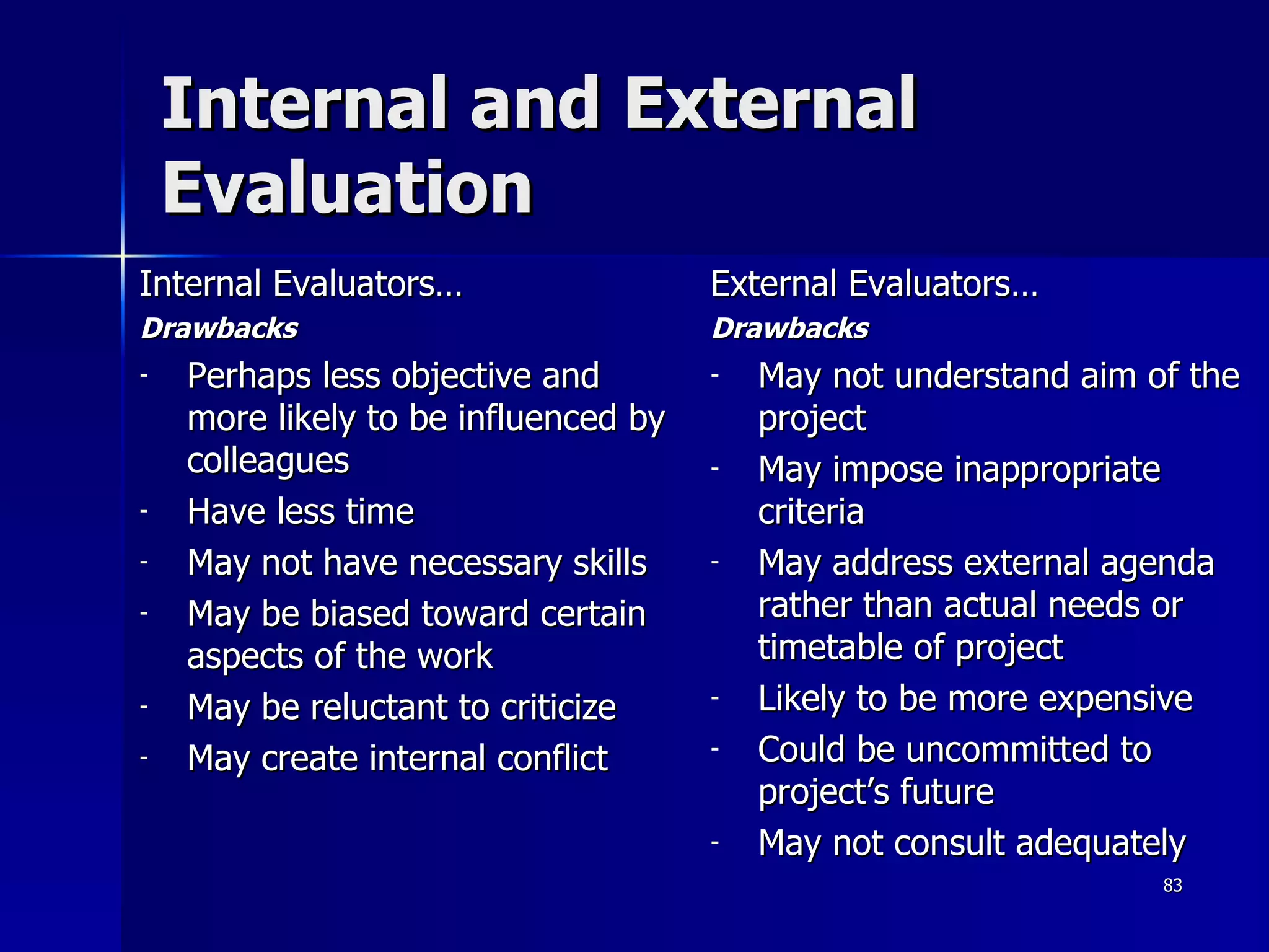 Internal and External Evaluation Internal Evaluators… Drawbacks Perhaps less objective and more likely to be influenced by colleagues Have less time May not have necessary skills May be biased toward certain aspects of the work May be reluctant to criticize May create internal conflict External Evaluators… Drawbacks May not understand aim of the project May impose inappropriate criteria May address external agenda rather than actual needs or timetable of project Likely to be more expensive Could be uncommitted to project’s future May not consult adequately 