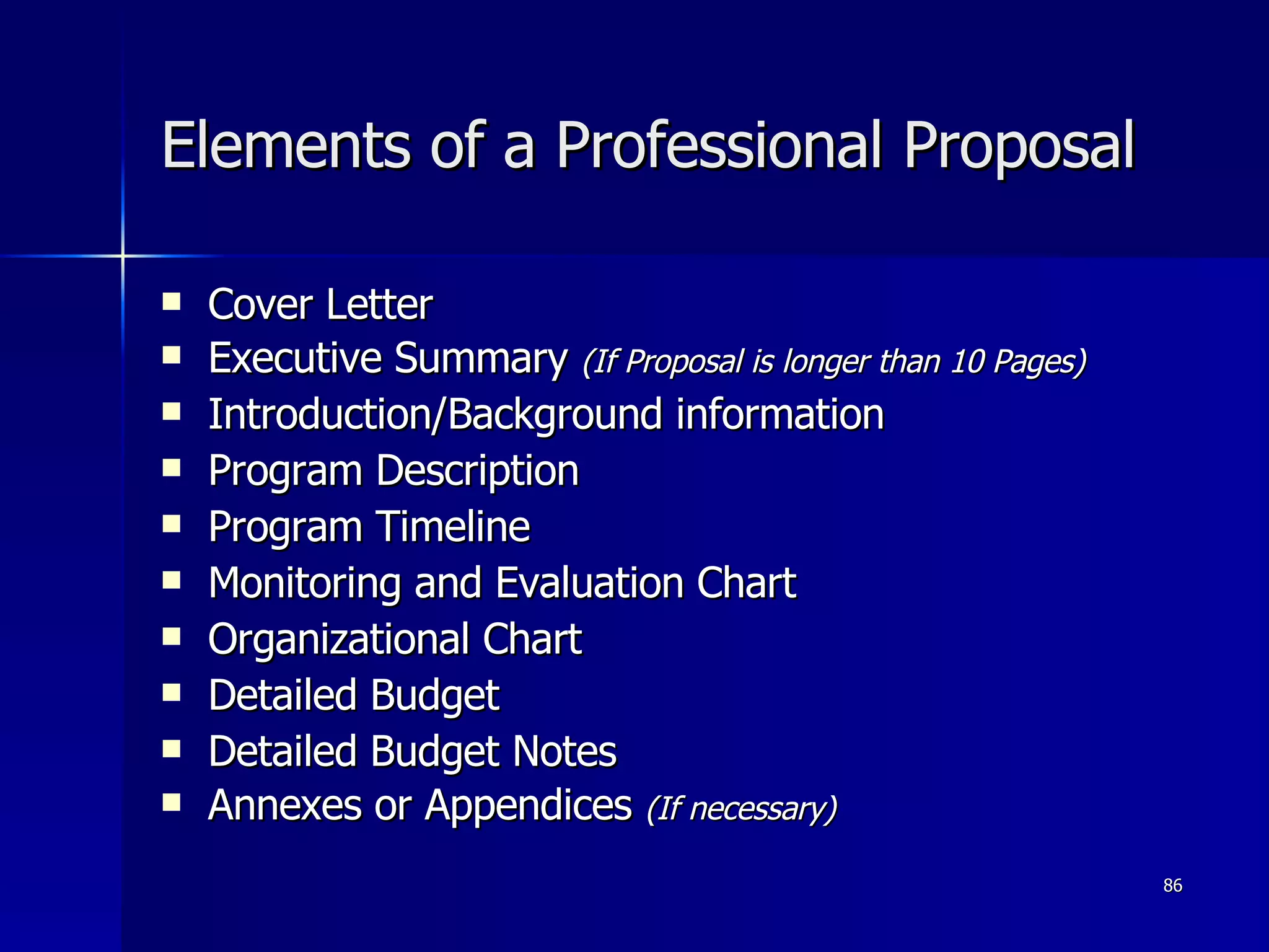 Elements of a Professional Proposal Cover Letter Executive Summary  (If Proposal is longer than 10 Pages) Introduction/Background information Program Description Program Timeline Monitoring and Evaluation Chart Organizational Chart Detailed Budget Detailed Budget Notes Annexes or Appendices  (If necessary) 