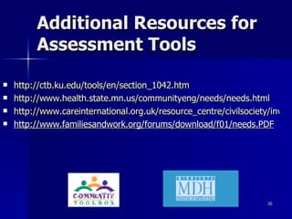 Additional Resources for Assessment Tools http://ctb.ku.edu/tools/en/section_1042.htm http://www.health.state.mn.us/communityeng/needs/needs.html http://www.careinternational.org.uk/resource_centre/civilsociety/inventory_of_resources/section_2/section_a/a10_somalia_capacity_assessment_tool.pdf http://www.familiesandwork.org/forums/download/f01/needs.PDF 