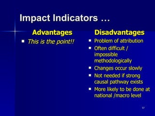 Impact Indicators …   Advantages This is the point!! Disadvantages Problem of attribution Often difficult / impossible methodologically Changes occur slowly Not needed if strong causal pathway exists More likely to be done at national /macro level 