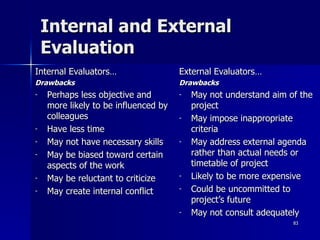 Internal and External Evaluation Internal Evaluators… Drawbacks Perhaps less objective and more likely to be influenced by colleagues Have less time May not have necessary skills May be biased toward certain aspects of the work May be reluctant to criticize May create internal conflict External Evaluators… Drawbacks May not understand aim of the project May impose inappropriate criteria May address external agenda rather than actual needs or timetable of project Likely to be more expensive Could be uncommitted to project’s future May not consult adequately 