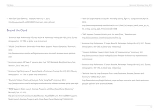 End Notes

xii

“Next Gen Cyber Defense,” JumpSoft, February 11, 2012.

Accenture Technology Vision 2013

vii

http://www.jumpsoft.net/2012/02/11/next-gen-cyber-defense/

“Shell Oil Targets Hybrid Cloud as Fix for Energy-Saving, Agile IT,” Computerworld, April 4,
2012.
http://www.computerworld.com/s/article/9225827/Shell_Oil_targets_hybrid_cloud_as_fix_
for_energy_saving_agile_IT?taxonomyId=158&

Beyond the Cloud
viii
i

Accenture High Performance IT Survey Round 4, Preliminary Findings (N=187), 2013. (Survey

“EMC Improves Customer Visibility with the Sales Cloud,” Salesforce.com.
http://www.salesforce.com/showcase/stories/emc.jsp

demographics: 187 CIOs at global large enterprises.)
ix
ii

“VELUX: Cloud Microsite Delivered in Three Weeks Supports Product Campaign,” Accenture,
2012.
http://www.accenture.com/us-en/Pages/success-velux-microsoft-windows-azure-platform.

Accenture High Performance IT Survey Round 4, Preliminary Findings (N=187), 2013. (Survey
demographics: 187 CIOs at global large enterprises.)

x

“Freeport-McMoRan Copper & Gold: Global ERP Implementation,” Accenture, 2011.
http://www.accenture.com/us-en/Pages/success-freeport-mcmoran-erp-implementation-

aspx

summary.aspx
iii

Accenture analysis; IDC base IT spending data from “IDC Worldwide Black Book Query Tool,
Version 1, 2012,” May 2012.

xi

Accenture High Performance IT Survey Round 4, Preliminary Findings (N=187), 2013. (Survey
demographics: 187 CIOs at global large enterprises.)

iv

Accenture High Performance IT Survey Round 4, Preliminary Findings (N=187), 2013. (Survey
demographics: 187 CIOs at global large enterprises.)

xii

“NetSuite Steps Up Large Enterprise Push: Lands Qualcomm, Groupon, Partners with
Accenture,” ZDNet, May 9, 2011.

vi

“Deutsche Telekom: Creating a Customer Portal Using PaaS,” Accenture, 2013.

http://www.zdnet.com/blog/btl/netsuite-steps-up-large-enterprise-push-lands-qualcomm-

http://www.accenture.com/us-en/Pages/success-deutsche-telekom-customer-portal-paas.aspx

v

groupon-partners-with-accenture/48496

“BMW Supports Model Launch, Develops Prospects with Cloud-Based Social Marketing,”
Microsoft, July 10, 2012.
http://www.microsoft.com/casestudies/Windows-Azure/BMW-Latin-America/BMW-SupportsModel-Launch-Develops-Prospects-with-Cloud-Based-Social-Marketing/710000001091

97

 
