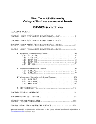  SEQ CHAPTER   1West Texas A&M University<br />College of Business Assessment Results<br />2008-2009 Academic Year<br />TABLE OF CONTENTS<br />SECTION 1.0 BBA ASSESSMENT:  LEARNING GOAL ONE…………………..  1<br />SECTION 2.0 BBA ASSESSMENT:  LEARNING GOAL TWO…………………. 21<br />SECTION 3.0 BBA ASSESSMENT:  LEARNING GOAL THREE………………. 24<br />SECTION 4.0 BBA ASSESSMENT:  LEARNING GOAL FOUR…………………36<br />,[object Object]