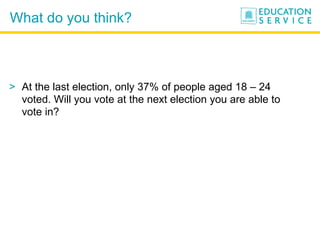 What do you think? At the last election, only 37% of people aged 18 – 24 voted. Will you vote at the next election you are able to vote in? 