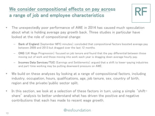 •The unexpectedly poor performance of AWE in 2014 has caused much speculation about what is holding average pay growth back. Three studies in particular have looked at the role of compositional change: 
–Bank of England (September MPC minutes): concluded that compositional factors boosted average pay between 2009 and 2013 but dragged over the last 12 months. 
–ONS (UK Wage Progression): focused on job tenure and found that the pay differential between those moving out of work and those moving into work each year is dragging down average hourly pay. 
–Incomes Data Services/TUC (Earnings and Settlements): argued that a shift to lower-paying industries and part-time working may be putting downward pressure on AWE. 
•We build on these analyses by looking at a range of compositional factors, including industry, occupation, hours, qualifications, age, job tenure, sex, country of birth, region and the private/public sector split. 
•In this section, we look at a selection of these factors in turn, using a simple ‘shift- share’ analysis to better understand what has driven the positive and negative contributions that each has made to recent wage growth. 
We consider compositional effects on pay across a range of job and employee characteristics 
13  