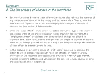 •But the divergence between these different measures also reflects the absence of any compositional account in the survey and settlement data. That is, only the AWE measure captures the impact on average pay of changes of the mix of workers and jobs in the UK labour market. 
•While the ‘wage effect’ within different sectors and worker types accounts for the largest share of the overall slowdown in pay growth in recent years, the ‘employment effect’ associated with compositional change has played an important role. Such compositional changes can pull wages in opposite directions: some boost average pay, others act as a drag – and many will change the direction of their effect at different points in time. 
•In this analysis we present a series of ‘shift-share’ analyses to consider the extent to which average wage growth has been affected in recent years by alterations in the industrial and occupational structure of the UK jobs market, changes in working patterns and variations in the age, job tenure, country of birth and qualification mix of employees. 
Summary 2. The importance of changes in the workforce 
4  