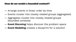 How do we model a bounded context?
— Arrange events in linear order by time
— Events cluster into closely related groups (aggregates)
— Aggregates cluster into closely related groups
(bounded contexts)
— Event Storming helps discover the problem space
— Event Modeling creates a blueprint for a solution
 