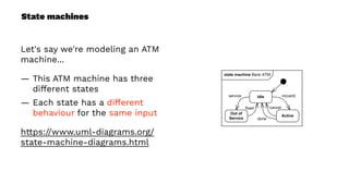 State machines
Let's say we're modeling an ATM
machine...
— This ATM machine has three
different states
— Each state has a different
behaviour for the same input
https://www.uml-diagrams.org/
state-machine-diagrams.html
 