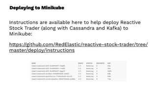 Deploying to Minikube
Instructions are available here to help deploy Reactive
Stock Trader (along with Cassandra and Kafka) to
Minikube:
https://github.com/RedElastic/reactive-stock-trader/tree/
master/deploy/instructions
 