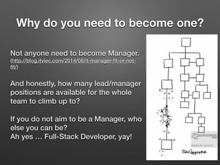 Why do you need to become one?
Not anyone need to become Manager. 
(http://blog.itviec.com/2014/08/it-manager-ﬁt-or-not-
ﬁt/)
And honestly, how many lead/manager
positions are available for the whole
team to climb up to?
If you do not aim to be a Manager, who
else you can be? 
Ah yes … Full-Stack Developer, yay!
 
