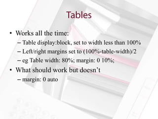 • Works all the time:
  – Table display:block, set to width less than 100%
  – Left/right margins set to (100%-table-width)/2
  – eg Table width: 80%; margin: 0 10%;
• What should work but doesn’t
  – margin: 0 auto
 