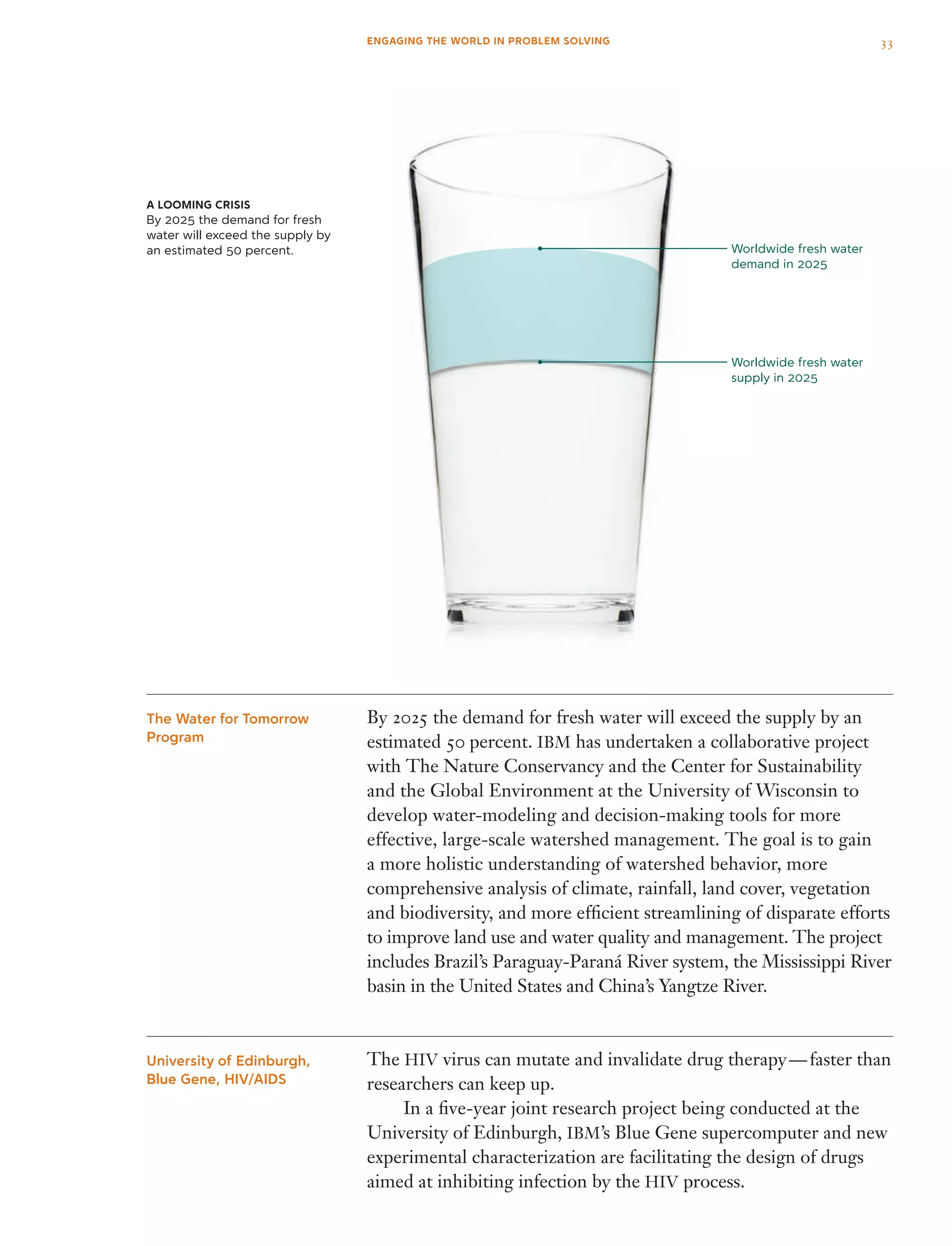By 2025 the demand for fresh water will exceed the supply by an
estimated 50 percent. IBM has undertaken a collaborative project
with The Nature Conservancy and the Center for Sustainability
and the Global Environment at the University of Wisconsin to
develop water-modeling and decision-making tools for more
effective, large-scale watershed management. The goal is to gain
a more holistic understanding of watershed behavior, more
comprehensive analysis of climate, rainfall, land cover, vegetation
and biodiversity, and more efficient streamlining of disparate efforts
to improve land use and water quality and management. The project
includes Brazil’s Paraguay-Paraná River system, the Mississippi River
basin in the United States and China’s Yangtze River.
The HIV virus can mutate and invalidate drug therapy — faster than
researchers can keep up.
	 In a five-year joint research project being conducted at the
University of Edinburgh, IBM’s Blue Gene supercomputer and new
experimental characterization are facilitating the design of drugs
aimed at inhibiting infection by the HIV process.
The Water for Tomorrow
Program
University of Edinburgh,
Blue Gene, HIV/AIDS
Worldwide fresh water
demand in 2025
Worldwide fresh water
supply in 2025
a LOOMING CRISIS
By 2025 the demand for fresh
water will exceed the supply by
an estimated 50 percent.
33ENGAGING THE WORLD IN PROBLEM SOLVING
 