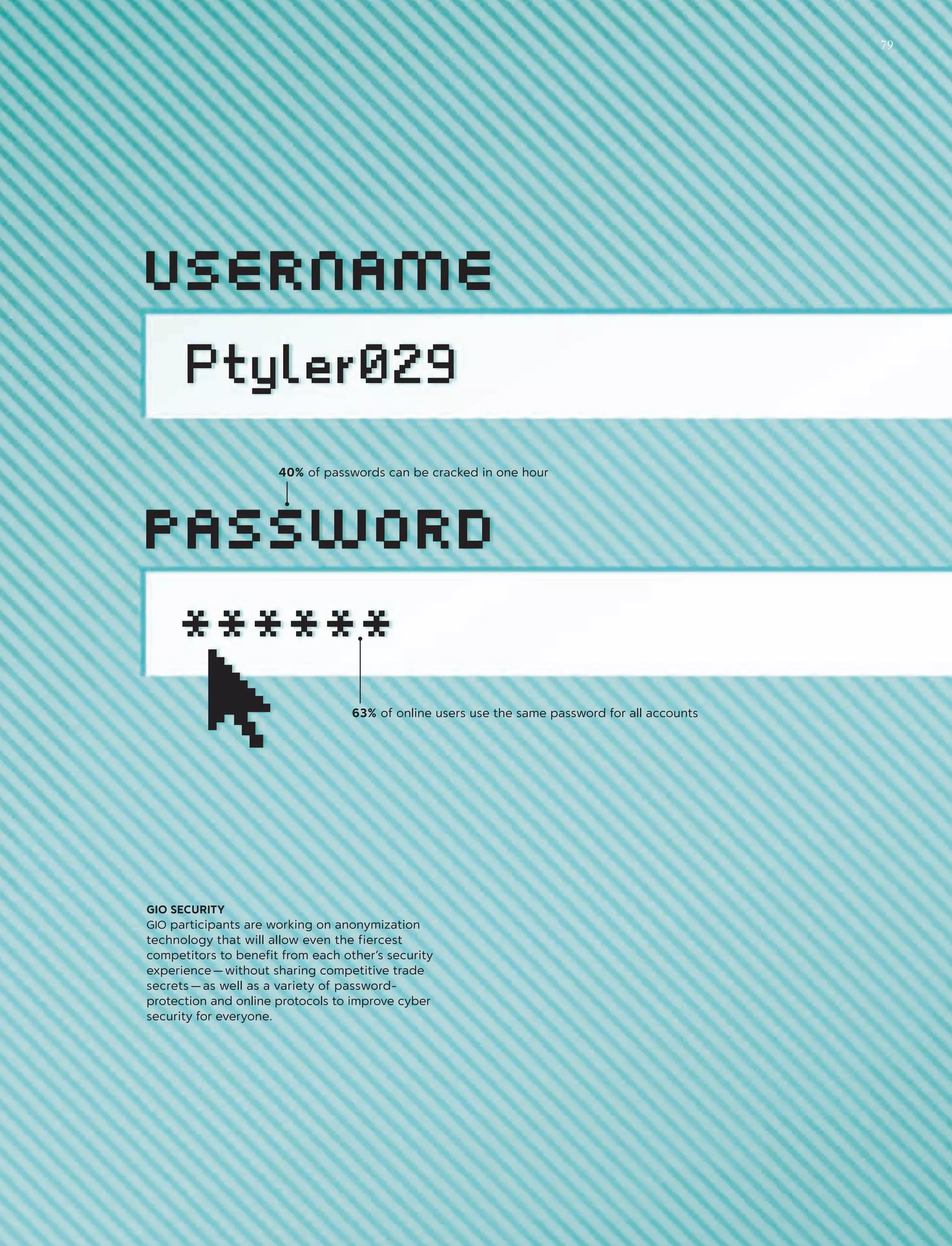 GIO SECURITY
GIO participants are working on anonymization
technology that will allow even the fiercest
competitors to benefit from each other’s security
experience — without sharing competitive trade
secrets — as well as a variety of password-
protection and online protocols to improve cyber
security for everyone.
40% of passwords can be cracked in one hour
63% of online users use the same password for all accounts
79
 
