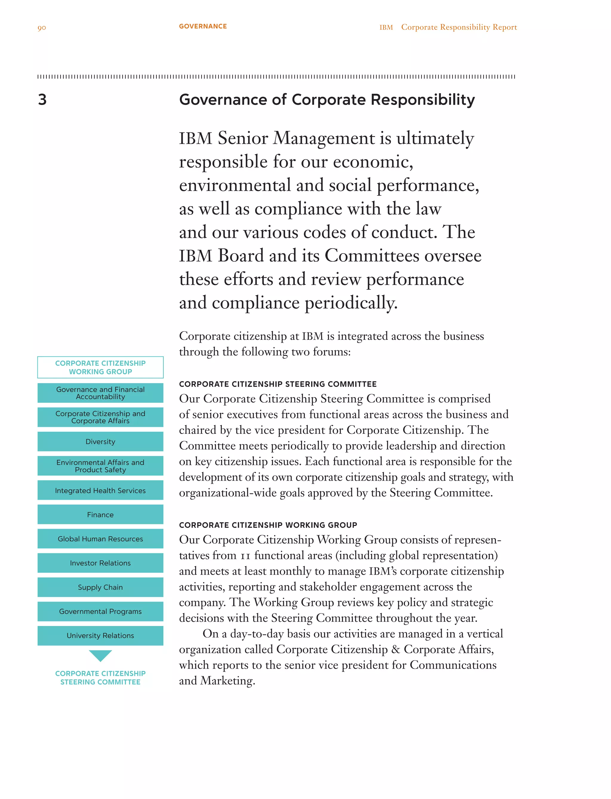 Governance of Corporate Responsibility
IBM Senior Management is ultimately
responsible for our economic,
environmental and social performance,
as well as compliance with the law
and our various codes of conduct. The
IBM Board and its Committees oversee
these efforts and review performance
and compliance periodically.
Corporate citizenship at IBM is integrated across the business
through the following two forums:
Corporate Citizenship Steering Committee
Our Corporate Citizenship Steering Committee is comprised
of senior executives from functional areas across the business and
chaired by the vice president for Corporate Citizenship. The
Committee meets periodically to provide leadership and direction
on key citizenship issues. Each functional area is responsible for the
development of its own corporate citizenship goals and strategy, with
organizational-wide goals approved by the Steering Committee.
Corporate Citizenship Working Group
Our Corporate Citizenship Working Group consists of represen­
tatives from 11 functional areas (including global representation)
and meets at least monthly to manage IBM’s corporate citizenship
activities, reporting and stakeholder engagement across the
company. The Working Group reviews key policy and strategic
decisions with the Steering Committee throughout the year.
	 On a day-to-day basis our activities are managed in a vertical
organization called Corporate Citizenship  Corporate Affairs,
which reports to the senior vice president for Communications
and Marketing.
3
Governance and Financial
Accountability
Corporate Citizenship and
Corporate Affairs
Diversity
Environmental Affairs and
Product Safety
Integrated Health Services
Finance
Global Human Resources
Investor Relations
Supply Chain
Governmental Programs
University Relations
Corporate Citizenship
Steering Committee
Corporate Citizenship
Working Group
90 IBM  Corporate Responsibility ReportGOVERNANCE
 