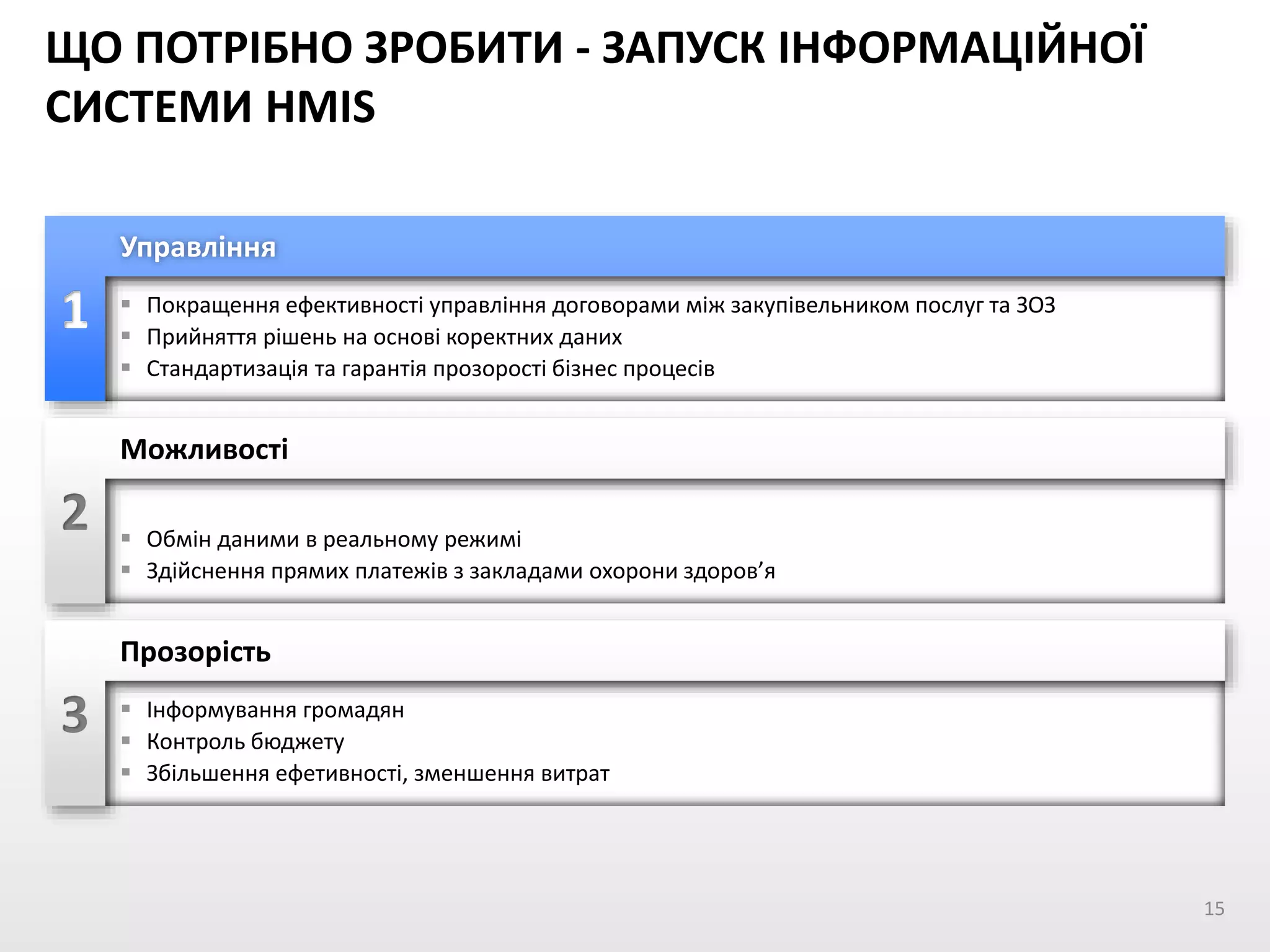 ЩО ПОТРІБНО ЗРОБИТИ - ЗАПУСК ІНФОРМАЦІЙНОЇ
СИСТЕМИ HMIS
 Покращення ефективності управління договорами між закупівельником послуг та ЗОЗ
 Прийняття рішень на основі коректних даних
 Стандартизація та гарантія прозорості бізнес процесів
Управління
 Обмін даними в реальному режимі
 Здійснення прямих платежів з закладами охорони здоров’я
2
Можливості
 Інформування громадян
 Контроль бюджету
 Збільшення ефетивності, зменшення витрат
3
Прозорість
15
 