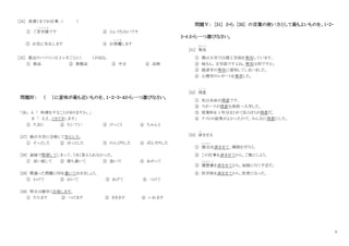 3
［24］ 夜遅くまでお仕事、（ ）
① ご苦労様
く ろ う さ ま
です ② とんでもないです
③ お先に失礼します ④ お邪魔
じ ゃ ま
します
［25］ 最近のパソコンは 3 ヶ月ごとに（ ）が出る。
① 新品 ② 新製品 ③ 中古 ④ 品物
問題Ⅳ： （ ）に意味が最も近いものを、１・２・３・４から一つ選びなさい。
｢26｣ A 「 料理をすることがありますか。」
B 「 ええ、ときどきします」
① たまに ② たいてい ③ けっこう ④ ちゃんと
[27] 娘が大学に合格して安心した。
① そっとした ② ほっとした ③ のんびりした ④ ぼんやりした
[28] 面接で緊張してしまって、うまく答えられなかった。
① 言い直して ② 落ち着いて ③ 急いで ④ あがって
[29] 間違った問題に印を書いておきましょう。
① かけて ② おいて ③ あげて ④ つけて
[30] 明日は朝早く出発します。
① たちます ② つけます ③ ききます ④ いれます
問題Ⅴ： [31] から [35] の言葉の使い方として最もよいものを、1・2・
3・4 から一つ選びなさい。
[31] 専攻
せ ん こ う
① 僕は大学では理工学部を専攻しています。
② 妹さん、文学部ですよね。専攻は何ですか。
③ 経済学の専攻に遅刻してしまいました。
④ 心理学のレポートを専攻した。
[32] 得意
と く い
① 私は水泳が得意です。
② スポーツが得意な高校へ入学した。
③ 授業料を 1 年分まとめて払うほうが得意だ。
④ テストの結果がよかったので、みんなに得意にした。
[33] 済
す
ませる
① 提出
ていしゅつ
を済ませて、期限を守ろう。
② この仕事を済ませてから、ご飯にしよう。
③ 履歴書
り れ き し ょ
を済ませてから、面接に行く予定だ。
④ 医学部を済ませてから、医者になった。
 