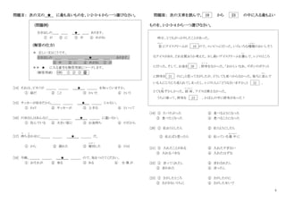 5
問題Ⅱ： 次の文の ★ に最も良いものを、1・2・3・4 から一つ選びなさい。
(問題例)
引き出しの＿＿ ＿＿ ★ ＿＿ あります。
① が ② に ③ 中 ④ めがね
(解答の仕方)
＊ 正しい文はこうです。
引き出しの ＿＿ ＿＿＿ ★ ＿＿ あります。
③ 中 ② に ④ めがね ① が
＊＊ ★ に入る番号を解答用紙にマークします。
(解答用紙) (例) ① ② ③ ④
[14] それは、ピカソが ＿＿＿ ＿＿＿ ★ ＿＿＿ を知っていますか。
① 絵だ ② こと ③ かいた ④ という
[15] サッカーが好きだから＿＿＿ ＿＿＿ ★ ＿＿＿ じゃない。
① わけ ② サッカーが ③ 上手な ④ といって
[16] 川田さんはあんなに＿＿＿ ＿＿＿ ★ ＿＿＿ に違いない。
① 住んでいる ② 大きい家に ③ お金持ち ④ のだから
[17] 待
ま
ち合
あ
わせに＿＿＿ ＿＿＿ ★ ＿＿＿ だ。
① から ② 遅れた ③ 寝坊
ね ぼ う
した ④ のは
[18] 今晩、＿＿＿ ＿＿＿ ★ ＿＿＿ ので、気をつけてください。
① おそれが ② 来る ③ ある ④ 台 風 が
問題Ⅲ： 次の文章を読んで、 19 から 23 の中に入る最もよい
ものを、1・2・3・4 から一つ選びなさい。
昨日、とてもがっかりしたことがあった。
急
きゅう
にアイスクリームが 19 ので、コンビニに行った。いろいろな種類
しゅるい
のおいしそう
なアイスがあり、どれを買おうか考えた。少し高いアイスクリームを選
えら
んで、レジのところ
に行った。そして、お金を 20 、財布
さ い ふ
をなかった。「おかしいなあ、ズボンのポケット
に財布を 21 のに」と思ってさがしたが、どうしても見つからなかった。後ろに並
なら
んで
いる人にじろじろ見られてしまったし、レジの人に「どうなさいますか」と 22 、
とても恥
は
ずかしかった。結 局
けっきょく
、アイスは買えなかった。
うちに帰って、財布を 23 、かばんの中に財布があった！
[19] ① たべたがった ② 食べるようになった
③ 食べたくなった ④ 食べることになった
[20] ① 払おうとしたら ② 払うようにしたら
③ 払えばと思ったら ④ 払っている最 中
さいちゅう
に
[21] ① 入れたことがある ② 入れたすぎない
③ 入れるべきな ④ 入れたはずな
[22] ① 言ってくれたし ② 言わされたし
③ 言われた ④ 言ったし
[23] ① さがしたところ ② さがしたのに
③ さがさないうちに ④ さがしたせいで
 