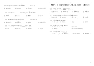 3
[22] この子はまだ小さいから、一人で手袋
てぶく ろ
を（ ）んですよ。
① ほどけない ② きれない ③ はけない ④ はめられない
［23］ あの人はいつも（ ）服を着ているから、目立
め だ
ちますね。
① はでな ② じみな ③ 無地
む じ
の ④ 好みの
［24］ 彼の誕生日にマフラーをあげたのに、（ ）もらえなかった。
① 気に入って ② 似合
に あ
って ③ 好みを ④ お気に入りを
［25］ わたしの国はアジアの国々との＿＿＿がさかんです。
① かがく ② けいけん ③ ぼうえき ④ よしゅう
問題Ⅳ： （ ）に意味が最も近いものを、１・２・３・４から一つ選びなさい。
[26] 田中さんは、中村さんと交際しているらしい。
① 似合
に あ
って ② 付
つ
き合
あ
って ③ 仲直
なかなお
りして ④ 結婚
けっこん
して
[27] この本は、何回読んでも、内容がまったく理解できない。
① めっきり ② ほとんど ③ すこし ④ さっぱり
[28] 大学の学費は年々高くなる。
① 授業料 ② 奨学金 ③ 給料 ④ 受験料
[29] 前の車がのろいので追い越した。
① スピードを出しすぎる ② じゃまな
③ おそい ④ ブレーキをかけない
[30] 娘が大学に合格して安心した。
① そっとした ② ほっとした ③ のんびりした ④ ぼんやりした
 