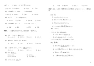 3
[22] （ ） 運動を すると 体が 痛
いた
くなりますよ。
①ひじょうに ② ていねいに ③ かわりに ④ むりに
[23] この問題は、3 人に 1 人の ( ) でまちがえます。
① かっこう ② わりあい ③ ぐあい ④ げんいん
［24］ 新しい （ ） を 2 台買いました。
① オーバー ② ガソリン ③ ステーキ ④ パソコン
［25］ この図書館は 7 時まで （ ） することが できます 。
① 支度
し た く
② 利用
り よ う
③ 承知
し ょ う ち
④ 生活
せいかつ
問題Ⅳ： （ ）に意味が最も近いものを、1･2･3･4 から一つ選びなさい。
[26] 字を ていねいに 書きなさい。
① まんなかに ② きれいに ③ おおきく ④ おそいで
[27] 鈴木さんは かならず 来ると 思います。
① きっと ② たまに ③ まっすぐ ④ ゆっくり
[28] お腹
なか
がすいたので、ピザを 配達してもらおう。
① 送って ② 注文して ③ 作って ④ 届けて
[29] 日が 暮
く
れました。
① はれました ② くもりました
③ くらくなりました ④ あるくまりました
[30] このまちは よる きけんです。
① べんり ② あぶない ③ さびしい ④ にぎやか
問題Ⅴ： [31] から [35] の言葉の使い方として最もよいものを、1･2･3･4 から一つ選びなさ
い。
[31] 熱心
ねっしん
① 雨が熱心にふっていました。
② 疲
つか
れていたので、熱心に寝
ね
ました。
③ 病気
びょうき
が熱心によくなりました。
④ 学生は熱心に会話
か い わ
の練 習
れんしゅう
をしました。
[32] むかえる
① ひるが よるを むかえました。
② えきから タクシーを むかえました。
③ 友だち むかえに くうこうへ いきました。
④ パソコンを むかえて メールを書いて います。
[33] 落
お
ち着
つ
く
① 電車
でんしゃ
が駅
えき
に落ち着いたら電話をください。
② この商 品
しょうひん
は人気
に ん き
がなくて、棚
だな
にずっと落ち着いている。
③ 家
いえ
のかぎが穴
あな
に落ち着ついた。
④ 火事
か じ
のときは落ち着いて行動
こうどう
しよう。
 