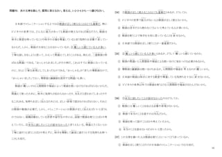 10
問題Ⅵ： 次の文章を読んで、質問に答えなさい。答えは、1・2・3・4 から一つ選びなさい。
日本語でコミュ二ケーションする上では①敬語
け い ご
が正しく使えることはとても重要
じゅうよう
だ。特に
ビジネスの世界では、どんなに能力
のうりょく
があっても敬語
け い ご
が使えなければ困
こ ま
るだろう。敬語
け い ご
は
相手
あ い て
に敬意
け い い
を持っていることや相手
あ い て
の立場
た ち ば
を尊重
そんちょう
していると言う気持ちを言葉
こ と ば
で表
あらわ
してい
るからだ。しかし、敬語
け い ご
が大切なことは分かっているが、② 難
むずか
しいと感
かん
じている人が多い。
丁寧
ていねい
な話し方をしようと思って、かえって間違
ま ち が
えてしまうことがある。例えば、二重敬語
に じ ゅ う け い ご
と呼
よ
ばれる間違
ま ち が
いである。「おっしゃられました」がその例だ。これはすでに敬語
け い ご
になっている
のに、さらに丁寧
ていねい
な表現
ひょうげん
にしてしまったものである。「おっしゃる」が「言う」の尊敬語
そ ん け い ご
なので、
「おっしゃいました」でよい。尊敬語
そ ん け い ご
と謙譲語
け ん じ ょ う ご
を混同
こ ん ど う
する間違
ま ち が
いも多い。
敬語
け い ご
が 難
むずか
しいのは人間関係
にんげんかんけい
や場面
ば め ん
によって敬語
け い ご
を使
つか
い分けなければならないからだ。
間違
ま ち が
えて使ったために、相手
あ い て
に気持ちが伝わらなかったり、失礼
しつれい
だと思われてしまったりす
ることもある。気持ちを正しく伝
つた
えるためには、正しい表現
ひょうげん
で話さなければならない。それに
は敬語
け い ご
の勉強が必要だ。しかし、コミュ二ケーションは敬語
け い ご
が正しく伝
つた
えればいいと言うも
のではない。就職活動
しゅうしょくかつどう
をしている若者
わかもの
や留学生
りゅうがくせい
の中には、面接
めんせつ
で敬語
け い ご
を使うことばかり考
えていたら、③本当
ほ ん と う
に話したいことが話せなかったと言う人もいる。間違
ま ち が
えたくないとか
丁寧
ていねい
に話そうと言うことばかり考えずに、相手
あ い て
を尊敬
そんけい
して誠実
せいじつ
に話そうとする気持ちを持つ
ことも大切だ。
[34] ①敬語
け い ご
が正しく使えることはとても重要
じゅうよう
だとあるが、どうしてか。
① ビジネスの世界で能力
のうりょく
がない人は敬語
け い ご
が正しく使えないから。
② 敬語
け い ご
は苦手
に が て
だから使わなくてもいいと考えている人が多いから。
③ 敬語
け い ご
を使うことで相手を大切に思っていることを 表
あらわ
せるから。
④ 日本語では敬語
け い ご
を正しく使うことが一番重要
じゅうよう
だから。
[35] ② 難
むずか
しいと感
かん
じている人が多いとあるが、どうして 難
むずか
しいと感
かん
じているのか。
① 敬語
け い ご
の間違
ま ち が
いと人間関係
にんげんかんけい
や場面
ば め ん
による使い分けに気をつける必要があるから。
② 尊敬語
そ ん け い ご
と謙譲語
け ん じ ょ う ご
は使い分けられるが、人間関係
にんげんかんけい
や場面
ば め ん
を 考
かんが
えるのが 難
むずか
しいから。
③ 日本語の敬語
け い ご
は相手
あ い て
に対する敬意
け い い
や尊重
そんちょう
している気持ちを十分に 表
あらわ
せないから。
④ ビジネスの世界以外
い が い
では敬語
け い ご
を使うような人間関係
にんげんかんけい
や場面
ば め ん
がほとんどないから。
[36] ③本当
ほ ん と う
に話したいことが話せなかったのはどうしてか。
① 敬語
け い ご
には 難
むずか
しいことを伝える言葉
こ と ば
や表現
ひょうげん
がないから。
② 敬語
け い ご
で本当
ほ ん と う
のことを話すのは失礼
しつれい
だから。
③ 敬語
け い ご
を使って話すことばかり考えていたから。
④ 本当
ほ ん と う
のことを話せないほうがいいと思ったから。
[37] この文章を書いた人は敬語
け い ご
を使うことについてどう言っているか。
① 敬語
け い ご
を正しく使うことだけが日本語のコミュ二ケーションでは大切だ。
 