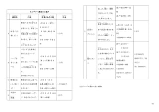 12
カルチャー講座のご案内
講座名
こ う ざ め い
内容
な い よ う
授業
じゅぎょう
のある日時
に ち じ
料金
りょうきん
A
野菜づくり
楽しもう！
野菜の上手な育
そだ
て方
を教えます。教室
きょうしつ
での
授業
じゅぎょう
と 畑
はたけ
での実習
じっしゅう
が
あります。 畑
はたけ
で一緒
い っ し ょ
に汗
あせ
をかきましょう！
4 月 10 日～来年 2
月 12 日まで
（月 2 回土曜・全 20
回）
午前 10 時～午後 2
時
5 万円
B
ハーブを
育てて食
べる
ベランダでも簡単に
育てられるハーブ
（注）。
育て方と、ハーブを使
った料理を紹介
しょうかい
しま
す。
※料理は作りません
4 月 6 日～5 月 25 日
（第 1･3 月曜・全 4
回）
午前 10 時～12 時
1 万円
C 野菜をお
いしく食べ
よう！
野菜をたくさん食べら
れる日本の伝統料理
を作ります。
4 月 9 日～30 日
毎週金曜（全 4 回）
午後 6 時半～8 時半
1 万 5000 円
D
中国の
体操
た い そう
中国の伝統たいそう
で、体をやわらかくし
4 月 7 日～7 月 14 日
（第２・４水曜）
２万円
ましょう。激
はげ
しい運動
う ん ど う
ではないので、だれ
でも参加
さ ん か
できます。
昼：午前１０時～１２
時
夜：午後７時～９時
E
武道
ぶ ど う
で
ダイエット
柔道
じゅうどう
や相撲
す も う
など、日
本の武道
ぶ ど う
の動
う ご
きを取
り入れた運動
う ん ど う
で、すっ
きりやせましょう。
４月１２日～１０月１８
日（毎週月曜・全２０
回）
午後６時半～８時半
５万円
F
踊
おど
りとダン
ス
前半
ぜんはん
は日本の、後半
こ う は ん
は世界の踊りとダンス
について、歴史
れ き し
を学
まな
びます。実際
じ っ さ い
に劇場
げきじょう
に見に行く回もありま
す。
前半：４月９日～
７月２３日
後半：９月１０日～
１２月２４日
毎週金曜日
午後６時～８時
（全１８回）
※前半だけ、後半だけ
でも可
３万５０００円
※前半だけ／後
半だけ
各１万８０００円
(注)ハーブ＝踊
おど
りの良い植物
 
