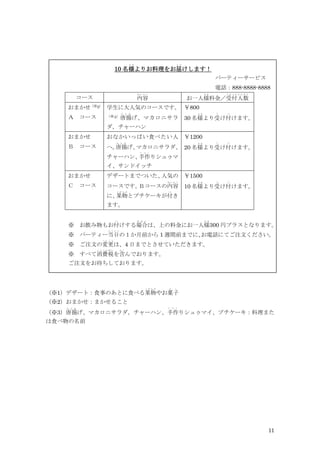 11
10 名様
さ ま
よりお料理をお届
と ど
けします！
パーティーサービス
電話：888-8888-8888
コース 内容
な い よ う
お一人様
さ ま
料金／受付人数
う け つ け に ん ず う
おまかせ（※2）
Ａ コース
学生に大人気のコースです。
（※3）
唐揚
か ら あ
げ、マカロニサラ
ダ，チャーハン
￥800
30 名様
さ ま
より受
う
け付
つ
けます。
おまかせ
Ｂ コース
おなかいっぱい食べたい人
へ。
唐揚
か ら あ
げ、
マカロニサラダ、
チャーハン、
手作
て づ く
りシュゥマ
イ、サンドイッチ
￥1200
20 名様
さ ま
より受
う
け付
つ
けます。
おまかせ
Ｃ コース
デザートまでついた、
人気の
コースです。
Ｂコースの内容
な い よ う
に、
果物
く だ も の
とプチケーキが付
つ
き
ます。
￥1500
10 名様
さ ま
より受
う
け付
つ
けます。
※ お飲み物もお付
つ
けする場合
ば あ い
は、上の料金にお一人様
さ ま
300 円プラスとなります。
※ パーティー当日
と う じ つ
の１か月前から 1 週間前までに、
お電話にてご注文ください。
※ ご注文の変更
へ ん こ う
は、4 日までとさせていただきます。
※ すべて消費税
し ょ う ひ ぜ い
を含
ふ く
んでおります。
ご注文をお待ちしております。
（※1）デザート：食事のあとに食べる果物
く だ も の
やお菓子
か し
（※2）おまかせ：まかせること
（※3）唐揚
か ら あ
げ、マカロニサラダ，チャーハン、手作
て づ く
りシュゥマイ、プチケーキ：料理また
は食べ物の名前
 