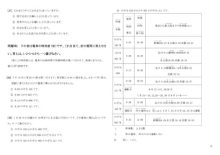 11
[37] それをどうやって止めようと言っていますか。
① 国や会社にお願いしようと言っています。
② 世界中の人にお願いしようと言っています。
③ 社会を変えようと言っています。
④ 自分たちも生活の仕方を変えようと言っています。
問題Ⅶ： 下の表は電車の時刻表（※）です。これを見て、次の質問に答えなさ
い。答えは、1・2・3・4 から一つ選びなさい。
（※）この時刻表には、電車の出発時間や到着時間が書いてあります。到着と言うのは、
着くと言う意味です。
[38] 7 月 15 日に東京から新大阪へ行きます。東京駅に 8：04 に着きました。なるべく早く新大
阪駅に着くためにはどの電車に乗らなければなりませんか。
① 8：03 のぞみ 103 です。
② 8：06 ひかり 403 です。
③ 8：13 のぞみ 009 です。
④ 8：20 のぞみ 211 です。
[39] 7 月 20 日の日曜日の 10 時までに名古屋に行きたいです。どの電車に乗ればいいです
か。すべて選びなさい。
① のぞみ 103 かのぞみ 009 です。
② のぞみ 103 かひかり 409 かのぞみ 211 です。
③ のぞみ 103 かのぞみ 009 かのぞみ 211 です。
④ のぞみ 103 かひかり 403 かのぞみ 211 です。
列車
れっしゃ
号数
ご う す う
発車
はっしゃ
時刻
じ こ く
東京
到着
とうちゃく
時刻
じ こ く
新大阪
しんおおさか
東京から新大阪
しんおおさか
までの停車駅
ていしゃえき
（注 1）
のぞみ
103 号
8：03 10：40 新横浜
し ん よ こ はま
8：19 名古屋 9：43 京都 10：23
ひかり
403 号
8：06 10：59
品川 8：13静岡
しずおか
9：08浜松
はままつ
9：35
名古屋
な ご や
10：05 京都 10：33
のぞみ
009
8：13 10：49
品川 8：19新横浜
し ん よ こ はま
8：13名古屋
な ご や
9：55
京都 10：33
のぞみ
211 号
8：20 10：53 品川 8：26名古屋
な ご や
9：58 京都 10：37
運転日
う ん て ん び
6 月 21～23、28,30 日
7 月 14～16、21,26～28、30 日 8 月 3～6・・・・・
のぞみ
105 号
8：26 11：02 品川 8：33名古屋
な ご や
10：09 京都 10：47
運転日
う ん て ん び
休日運休
きゅうじつうんきゅう
(注 2) 但
ただ
し(注 3) 8 月 7、14 日 9 月 23、25 日は運転
のぞみ
045 号
8：33 11：09 新横浜
し ん よ こ はま
8：49 名古屋 10：16 京都 10：53
i. 停車駅： 止まる駅
ii. 休日運休： 休みの日は運転しない
iii. 但し： しかし
 