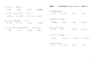 3
［22］ カードの（ ）が切れそうだ。
① 費用
ひ よ う
② 代金
だいきん
③ 日程
にってい
④ 有効期間
ゆ う こ う き か ん
［23］ （ウエートレスに）「あのー、注文を（ ）んですが．．．.」
① 追加
つ い か
したい ② おかわりしたい ③ おすすめしたい ④ 決めたい
［24］ 「すみません、来週は都合
つ ご う
が（ ）んです。」
① できない ② つかない ③ あかない ④ かからない
［25］ 「1 台で十分なのに、また新しい車を買うなんて（ ）だと思いませんか。」
① 迷惑
めいわく
② 不足
ふ そ く
③ 貧乏
びんぼう
④ 贅沢
ぜいたく
問題Ⅳ： （ ）に意味が最も近いものを、１・２・３・４から一つ選びなさい。
［26］ 水道
すいどう
の蛇口
じ ゃ ぐ ち
をひねる。
① さげる ② まわす ③ 押す ④ 出す
[27] 掃除
そ う じ
のためにいすをどける。
① 移動
い ど う
する ② 揃
そろ
える ③ 置
お
く ④ 片付
か た づ
ける
[28] ラーメンにこしょうをふる。
① かける ② しく ③ まぜる ④ ねっする
[29] ウールのセーターが縮
ちぢ
んだ。
① 伸
の
びた ② 古くなった ③ よく乾
かわ
いた ④ 小さくなった
[30] うちの犬はよくほえる。
① なく ② なれる ③ なでる ④ おこる
 